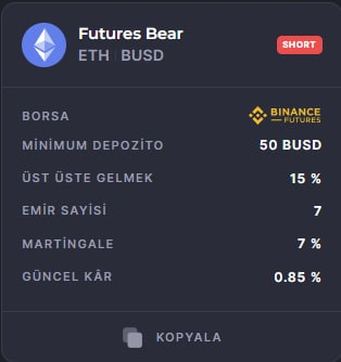 Hazır botlar vitrini güncellemesi
Futures Bear ETH/BUSD Short